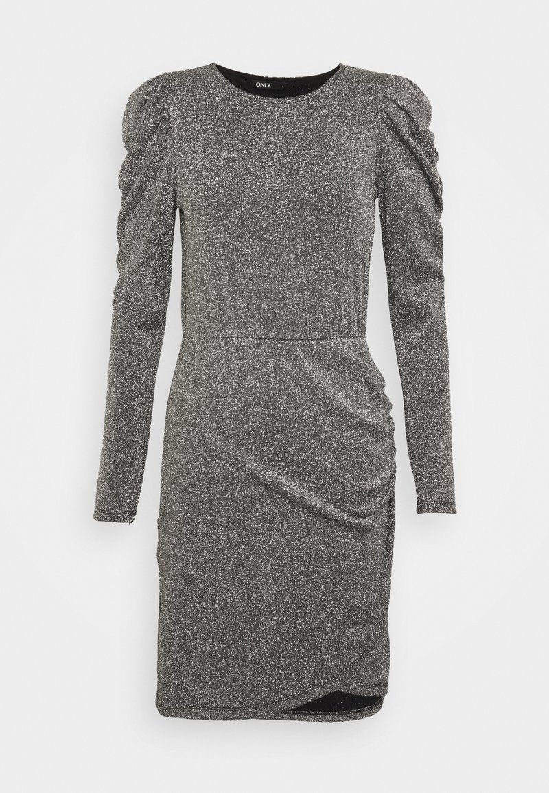 Robe argentée pailletée à manches longues, longueur genou, avec épaules bouffantes froncées et détail de taille froncée.