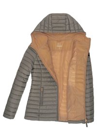 Veste matelassée grise à capuche avec doublure intérieure pêche et poches zippées, entièrement dézippée montrant l’étiquette intérieure et les détails des coutures.
