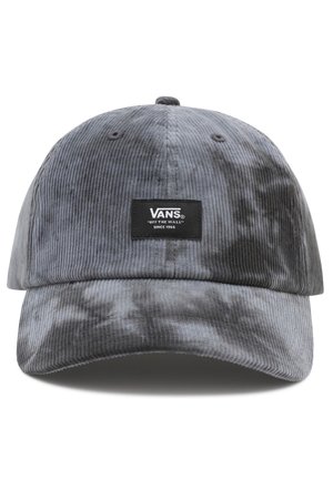 Szara sztruksowa czapka baseballowa Vans z czarną prostokątną naszywką z logo i napisem "Vans Off The Wall Since 1966" na środku z przodu.