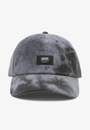 Graue Cord-Vans-Baseballkappe mit schwarzem rechteckigem Logo-Patch mit der Aufschrift "Vans Off The Wall Since 1966" vorne in der Mitte.