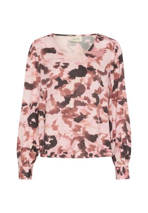 Langarmbluse aus leichtem Stoff, mit einem pink- und braunfarbenen abstrakten Muster, V-Ausschnitt und gerafften Bündchen. Weiche Textur.