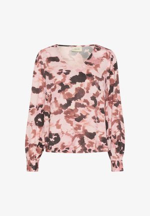 Langarmbluse aus leichtem Stoff, mit einem pink- und braunfarbenen abstrakten Muster, V-Ausschnitt und gerafften Bündchen. Weiche Textur.