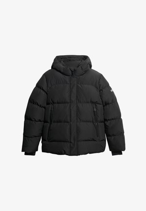 Chaqueta de plumas negra con capucha, con diseño acolchado, dos bolsillos laterales con cremallera y puños elásticos para mayor calidez y comodidad.