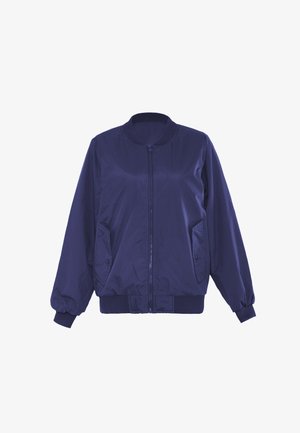 Dark navy bomber jacket with a round neckline, front zip closure, elastic cuffs, and pockets, made from smooth, lightweight fabric.