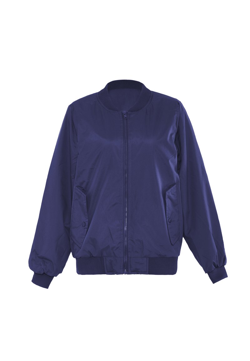 Giacca bomber blu scuro con collo rotondo, chiusura frontale con zip, polsini elastici e tasche, realizzata in tessuto liscio e leggero.