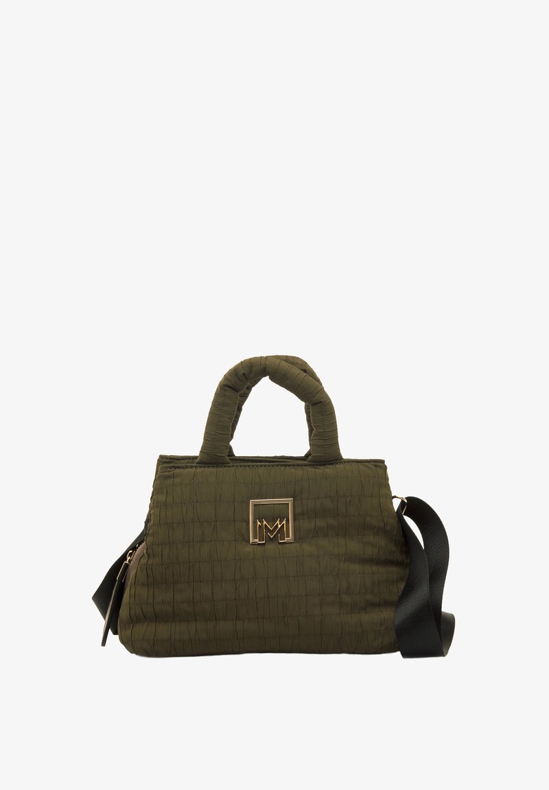 Borsa a tracolla trapuntata verde oliva con manici corti e tracolla removibile. Presenta un logo dorato sul fronte e una chiusura con zip.