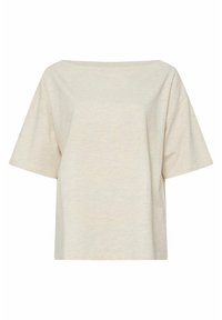 Camiseta de manga corta y cuello barco en color beige claro, hecha de una suave mezcla de algodón, con un corte relajado y un diseño minimalista.