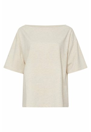 Short-sleeve, boat-neck t-shirt in light beige, made of soft cotton blend fabric, featuring a relaxed fit and minimalistic design.