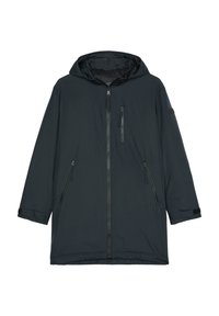 Giacca con cappuccio blu scuro con chiusura a zip frontale, due tasche laterali con zip e una tasca sul petto. Presenta una texture leggermente imbottita e polsini regolabili.