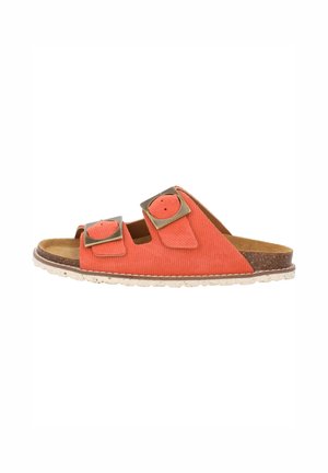 Orange corduroy slide sandal with two adjustable straps featuring large square metallic buckles, cork footbed, and textured rubber sole.