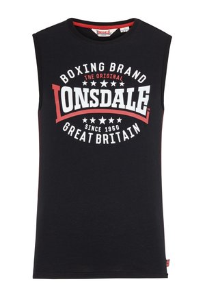 Schwarzes ärmelloses Tanktop mit der Aufschrift "Lonsdale Boxing Brand Great Britain Since 1960" in weißen und roten Buchstaben über der Brust.