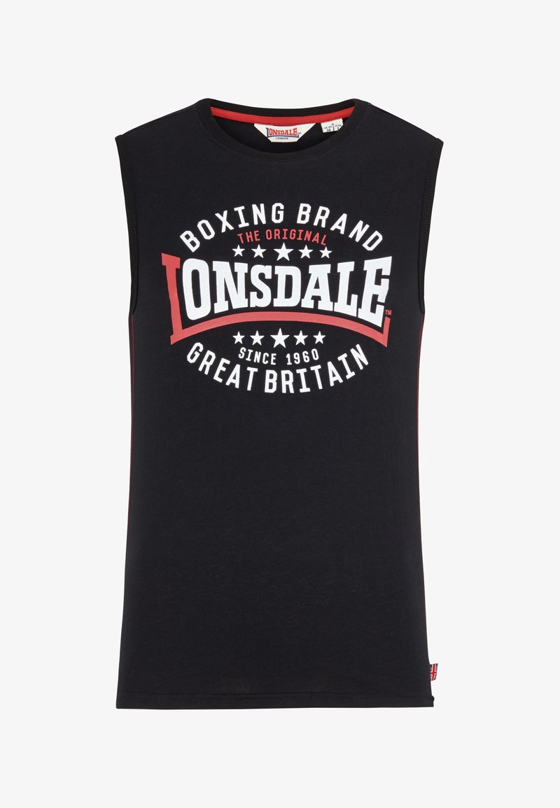 Czarny bezrękawnik z napisem "Lonsdale Boxing Brand Great Britain Since 1960" w białych i czerwonych literach na piersi.