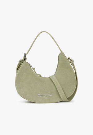 Sac à main en daim vert clair en forme de croissant avec une poignée courte, une bandoulière réglable et un logo argenté Karl Lagerfeld Jeans.