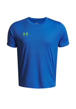 Blaues Sportshirt aus feuchtigkeitsableitendem Material, mit Rundhalsausschnitt und kurzen Ärmeln, mit einem grünen Under Armour-Logo auf der Brust.