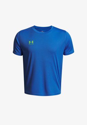 Maglietta atletica blu realizzata in tessuto traspirante, con scollatura rotonda e maniche corte, con logo verde Under Armour sul petto.