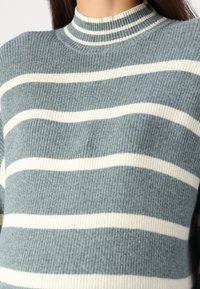Gestreifter Strickpullover in blau-grau mit abwechselnden weißen Streifen. Hochkragen-Design mit einer strukturierten Oberfläche.