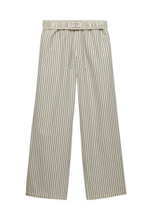 Pantaloni beige a gamba larga con sottili righe verticali nere, vita elastica e chiusura con coulisse.