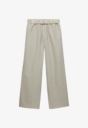 Beżowe spodnie z szerokimi nogawkami, cienkimi pionowymi czarnymi paskami, elastycznym paskiem w talii i zapięciem na sznurek.