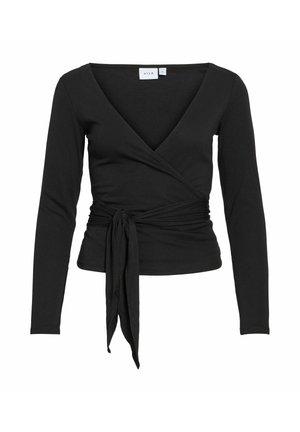Svart langt ermet omslagstopp med V-hals og belte på siden, innsvingt midje, laget av mykt stoff.