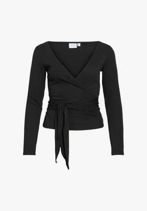 Svart langt ermet omslagstopp med V-hals og belte på siden, innsvingt midje, laget av mykt stoff.