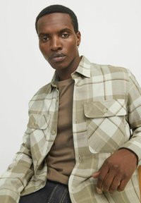 Geruite shirt in beige en lichtgroen, met een knoopsluiting aan de voorkant, twee borstzakken en een kraag, laag over een bruine shirt.