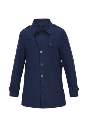Cappotto blu navy in tessuto leggero con collo a risvolto, due tasche frontali e bottoni decorativi sulle maniche.