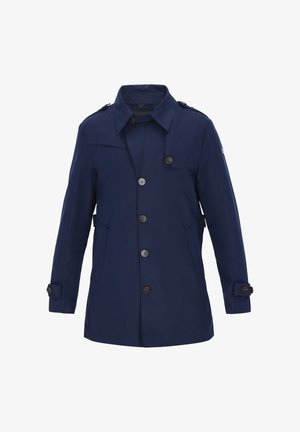Cappotto blu navy in tessuto leggero con collo a risvolto, due tasche frontali e bottoni decorativi sulle maniche.