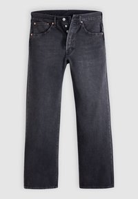 Jean en denim noir avec jambes droites, fermeture à boutons, poches avant et arrière, et rivets en cuivre sur les poches.