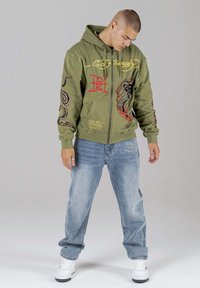Ed Hardy DOUBLE  HOODY  - Mikina na zip - mosstone