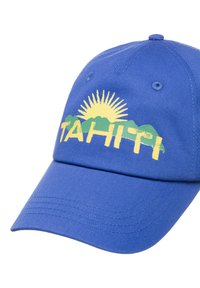 Blue baseball cap made of cotton, featuring graphic design with "TAHITI" in yellow lettering, mountains, and a sun motif in yellow and green.