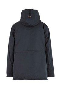 Veste imperméable noire avec capuche, dotée d'une couture de passepoil au dos, d'un ourlet élastiqué et d'une boucle centrale à l'arrière bien visible pour l'accrocher.