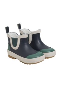 Bottines imperméables avec une tige bleu marine, des accents verts et une semelle blanche texturée. L'intérieur est doublé de doux faux fourrure.