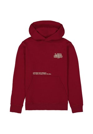 Sweat à capuche bordeaux avec poche kangourou, texte « LATE NIGHT » sur la poitrine, inscription blanche imprimée au-dessus de la poche, aucune personne visible.