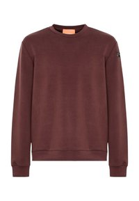 Felpa bordeaux in un materiale liscio con scollatura a girocollo, maniche lunghe, polsini a costine e cucitura piatta sul petto.