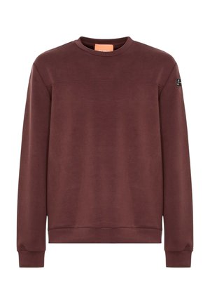 Felpa bordeaux in un materiale liscio con scollatura a girocollo, maniche lunghe, polsini a costine e cucitura piatta sul petto.