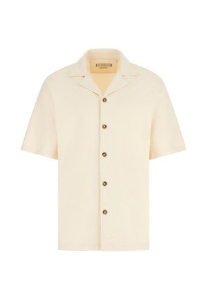 Kremowa koszula z krótkim rękawem, z kołnierzem typu camp i pięcioma ciemnymi guzikami z przodu.