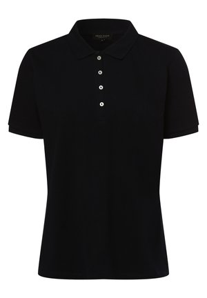 Polo shirt nero a maniche corte realizzato in tessuto morbido, con colletto classico e patta con cinque bottoni bianchi.