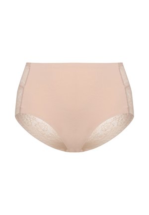 Beige hoge taille ondergoed van gladde stof, met kantdetails aan de zijkanten en bloemmotieven.