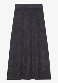 Falda de punto gris oscuro, hasta la rodilla, con una textura suave y una cinturilla. Silueta en A con dobladillo uniforme, diseñada para la comodidad y versatilidad.