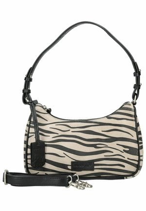 Lille beige og sort zebra print håndtaske med sort justerbar rem og sølv lynlås, med aftagelig sort skulderrem.