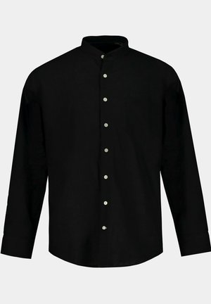 Black long-sleeve shirt with a mandarin collar, button closure, and single chest pocket. Made from a smooth fabric with a subtle texture.