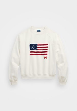 Creme kleurige sweatshirt met een geborduurd ontwerp van de Amerikaanse vlag in marineblauw, rood en wit. "RL" logo in het rood rechtsonder.
