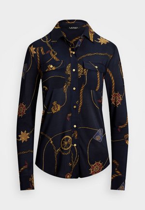 Navy shirt with long sleeves, large buttons, two front pockets, and gold chain pattern accents. Made of smooth fabric with a tailored fit.