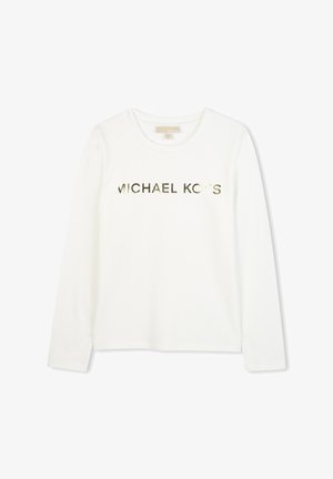 Weißes langärmliges T-Shirt aus Baumwolle mit einem metallic goldenen "MICHAEL KORS" Logo-Print auf der Brust. Rundhalsausschnitt und taillierte Passform.