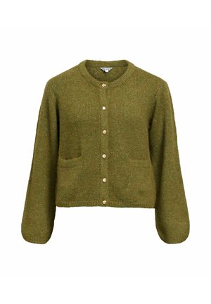 Cardigan vert en tricot texturé avec manches longues, encolure ronde, poches avant et boutons dorés.