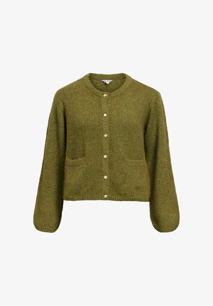 Cardigan vert en tricot texturé avec manches longues, encolure ronde, poches avant et boutons dorés.