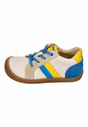 Children's beige sneaker with blue and yellow stripes, blue laces, yellow heel tab, and brown rubber sole, viewed from the side.