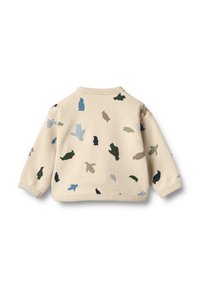 Beige sweatshirt med et spredt mønster af farverige dyresilhuetter i blå, grøn og brun. Slutter ved taljen med en rund hals.