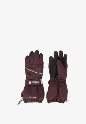 Gants maroon imperméables avec des accents noirs, dotés de poignets élastiques, de détails réfléchissants et d'un logo en zigzag sur la sangle.
