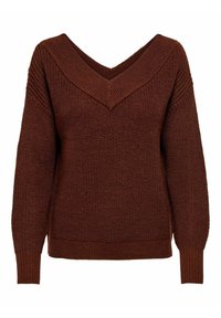 Pull en maille marron avec un col en V profond, des poignets côtelés et un ourlet inférieur. Tissu texturé et coupe ample.